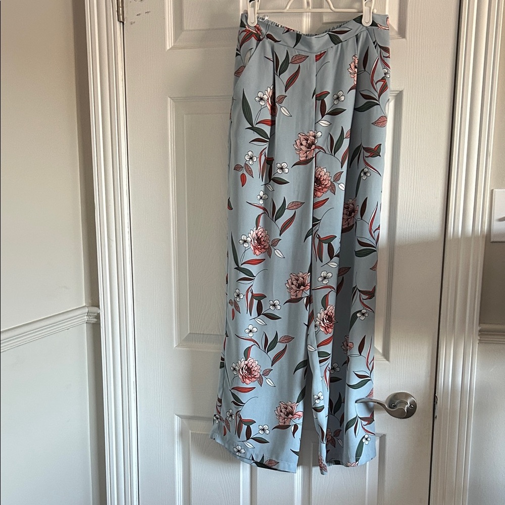 Light Blue Floral Wide Leg Pants
